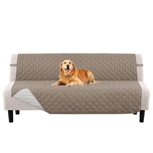 PrinceDeco Futon Slipcover Armless Futon Bed Cover Furniture Protector with Elastic Bottom Reversible Quilted Couch Cover Width Up to 70" Water Resistant Couch Cover for Pets,Taupe