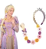 TEBIEKOY Princess Rapunzel Long Braided Wig Headbands Princess Dress up Wigs Hairpiece with Flowers for Halloween Christmas Party Costume Hair Accessories,Purple
