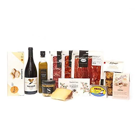 PACK GOURMET REGALO / Jamón, Vino Tinto, Aceite Oliva Virgen, Espárragos, Chorizo, Salchichón, Queso Oveja, Atún Bonito Ortiz, Bizcochos, Pastissets, Chocolate y Bombones