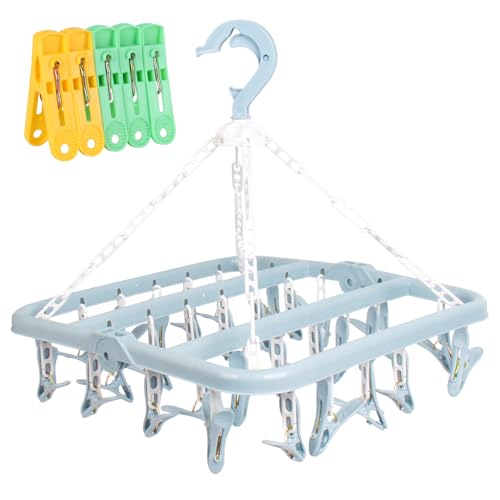 Image of HCFGS Clothes Socks Drying Hanger 32 Peg Clips And Drip Foldable Washing Clothes Hanging Rack, Multi-Functional Clothes Pegs for Washing Line for Underwear, Baby Clothes, Hats, Socks (Blue)