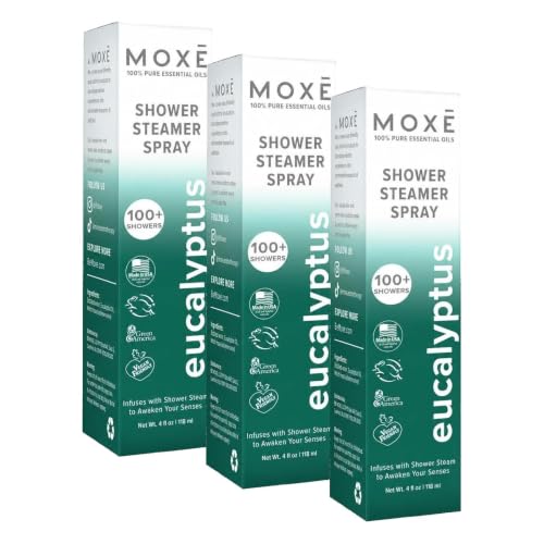 MOXĒ Eucalyptus Oil Shower Mist, Spa Steam Spray, Certified Natural 100% Essential Oils, Made in USA, Aromatherapy, Sinus Congestion Relief, Tension Relief, 4 Ounces (Pack of 3)