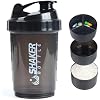 Protein Shaker Bottle,Sports Water Bottle,Leak Proof Shake Bottle For Protein Mixer- Non Slip 3 Layer Twist Off 3oz Cups with Pill Tray - Protein Powder 16 oz Shake Cup with Storage,Black