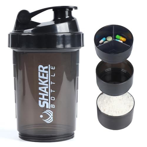 VIGIND Protein Shaker Bottle Sports Water Bottle Leak Proof Shake Bottle For Protein Mixer- Non Slip 3 Layer Twist Off 3oz Cups with Pill Tray - Protein Powder 16 oz Shake Cup with Storage Black