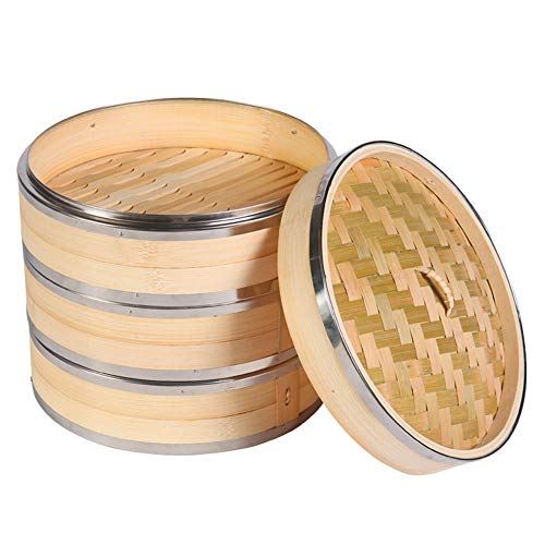 3 Tier Kitchen Bamboo Steamer 8 Inch/21cm Fish Rice Snack Steam Basket with Lid Stainless Steel Banding, for Asian Cooking