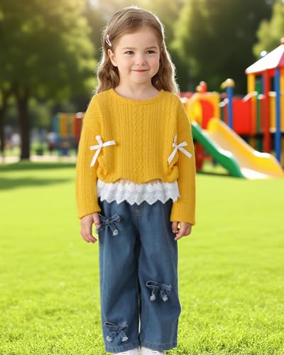 Image of Kucnuzki Toddler Baby Girl Clothes Long sleeve Fall Winter Shirt Tops Baggy Jeans Pants Set Kids Girls Outfits 2 Piece