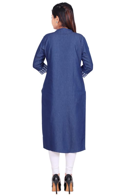 Image of Women's Denim Kurti with White Embroidery, Side Pocket & 3 /4th Sleeves - Casual & Office Wear (Blue K - 684)
