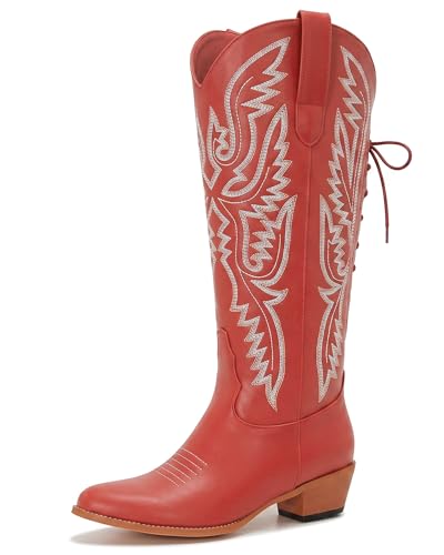 Image of Uillnoodu Wide Calf Cowboy Boots Women Adjustable Lace Up Knee High Tall Plus Size Cowgirl Boots Western Style Comfortable 2-Inch Heel