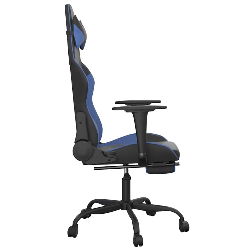 Silla gaming de piel sintética negra y azul con función de masaje, reposapiés, soporte lumbar, altura regulable, silla giratoria, ergonómica para jugar, streaming y trabajo en el escritorio