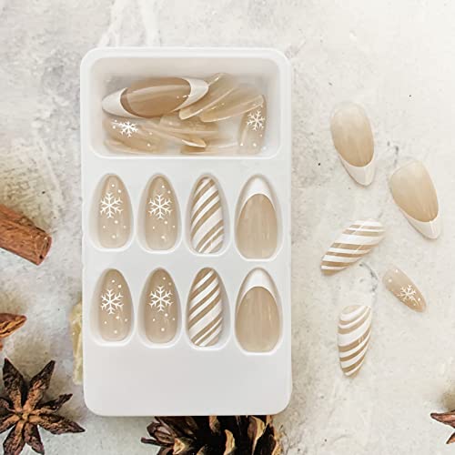 24 Pcs Snowflake Fake Nails, White French Tip Press On Nails Almond Shape False Nails Winter Stick On Nails With Stripes Design Christmas Nails Full Cover Artificial Nails Glossy Nude Acrylic Nails #TOP3