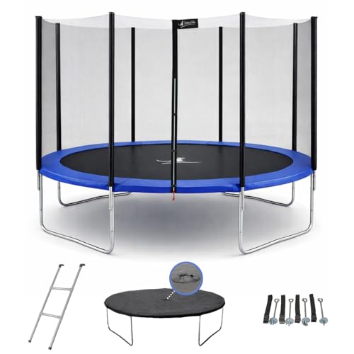 KANGUI Trampoline Enfant Extérieur Ø360 avec Filet de sécurité + échelle, Couverture de propreté et kit d’ancrage – Jardin – Bleu
