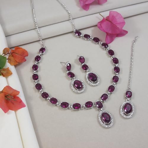 Image of I Jewels Silver Plated Stylish Design Crystal Diamond Necklace With Earrings & Maang Tikka Jewellery Set for Women