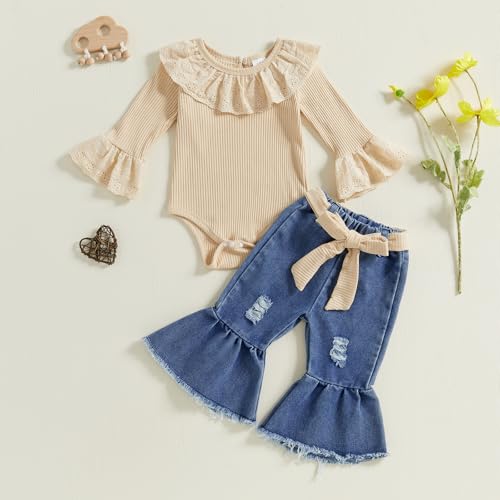 Newborn Baby Girl Winter Clothes Ruffle Rib Knit Romper Floral Fall Outfits Flared Pants Cute Infant Headband Set2