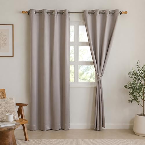 Image of Clasiko Champagne Taupe Blackout Eyelet Door Curtains Set of 2, (7 Feet) 54 x 84 Inches, Room Darkening & Noise Reduction Curtains with Tiebacks