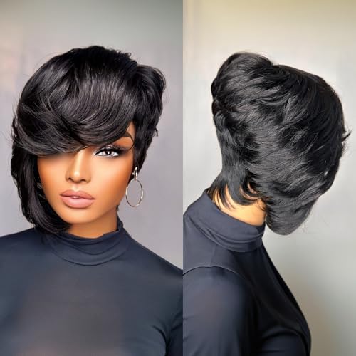PurpleSexy Side Bangs Pixie Cut Wigs for Black Women Natural