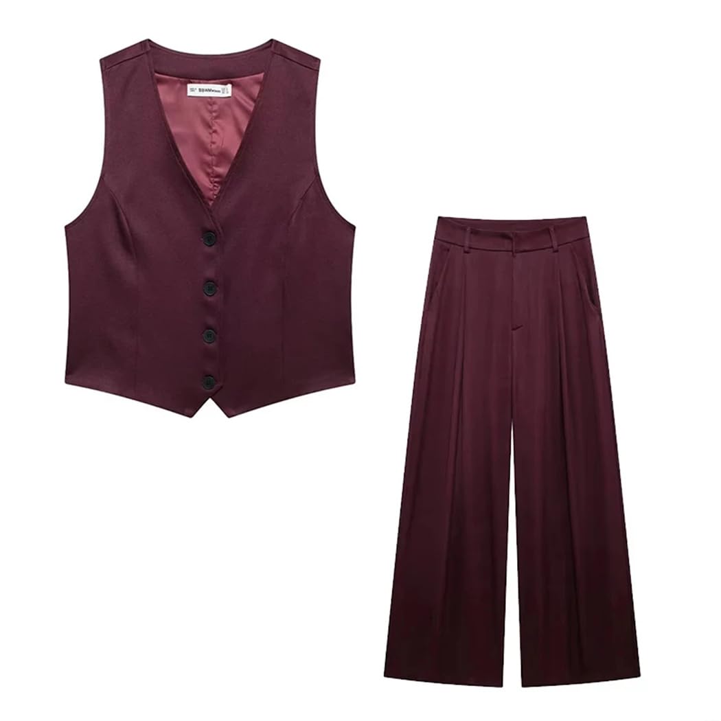 Women Fashion 2 Piece Set Solid V-Neck Single Breasted Tank Tops And Straight Leg Pants Suit