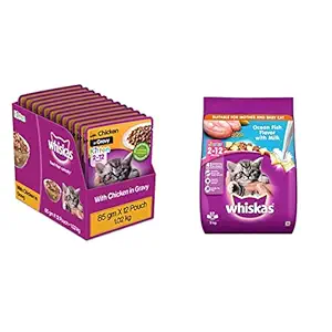 Whiskas Kitten (2-12 Months) Wet Cat Food, Chicken in Gravy, 12 Pouches (12 x 85g) and Kitten (2-12 Months) Dry Cat Food, Ocean Fish Flavour with Milk, 3 kg Pack