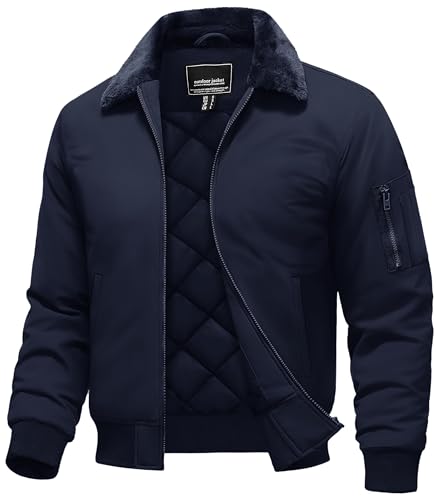 Image of TACVASEN Men's Fleece Jacket Full Zip Up Warm Bomber Jackets for Daily Wear | Winter thick jacket coat for men , fur collared bomber style with 4ple pockets for travel, outdoor walking