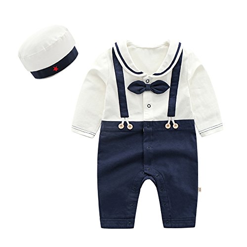 Ding-dong Baby Boy Girl Cotton Navy Romper with Hat 2Pcs Outfit Sets(Boy, 12-18M)