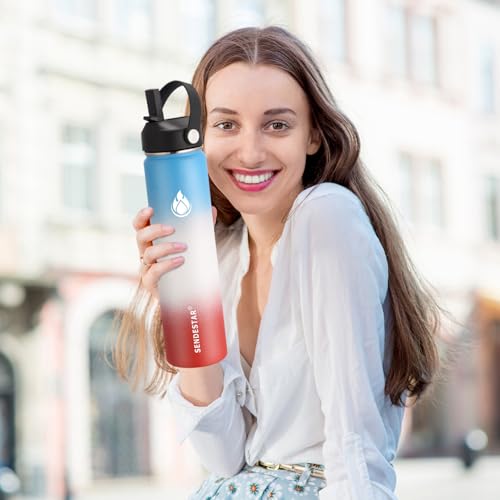 Image of SENDESTAR Water Bottle 24oz Double Wall Vacuum Insulated Leak Proof Stainless Steel Sports Water Bottle-Wide Mouth with New Flex Straw Lid & Spout Lid (Sweet Candy)