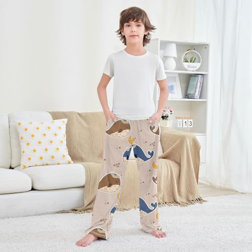 Whale Blue Brown Boys Pants Boys Athletic Pants Long Pant for Boywith Pockets Wide-Leg Size 6-14Y 6
