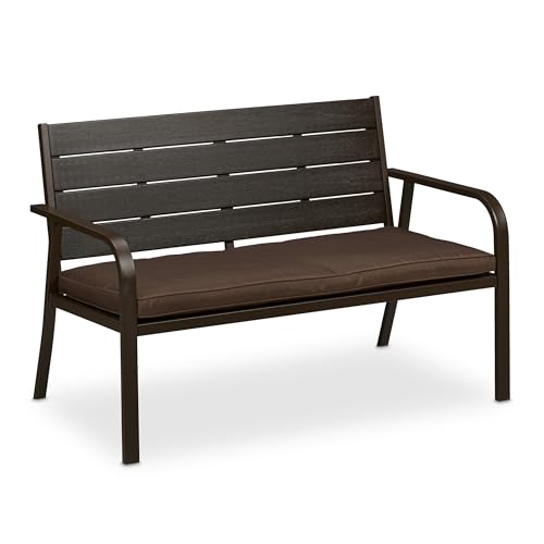 Relaxdays Gartenbank incl Sitzauflage, Holzoptik, HBT: 78 x 118 x 66 cm, 2-Sitzer, stabile Balkonbank, Sitzbank, braun