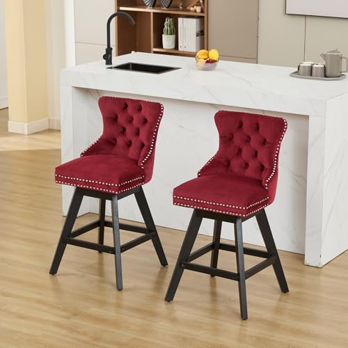 DSHADE Set of 2 Wine Red Velvet Swivel Barstools, Button