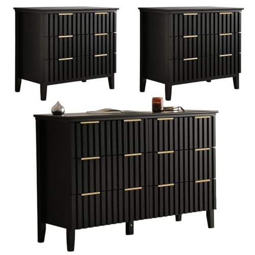 LAZZO 3 Piece Dresser and Nightstand Sets Modern Fluted Bedroom Set with 6 Drawer Dresser & 2 Nightstands,MDF Wood, Gold Handles, Storage Furniture for Bedroom, Closet, Apartment Black