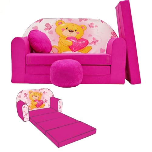 NINO Canapé-lit enfant avec pouf et coussin OEKO-TEX Ourson rose
