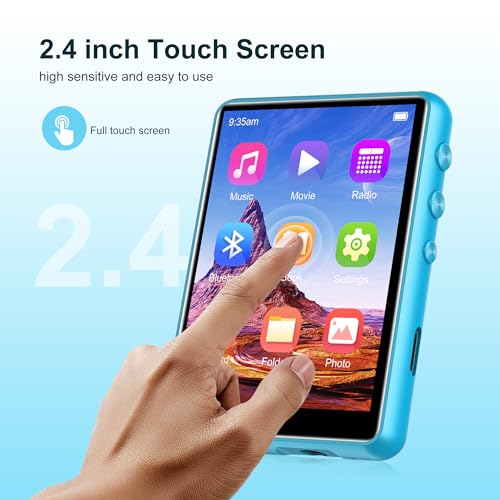 Image of SWOFY 64GB MP3 Player with Bluetooth 5.3, 2.4-Inch Full Touch Screen, Portable Lossless Sound Music Player with HD Speaker, MP3 with FM Radio Recording e-Book, Record, Earphone Included-Blue