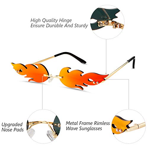 Fire Flame Sunglasses Rimless Flame Shaped Sun Glasses Wave Fire Shaped Glasses for Women Men Party Supplies Photo Props (4 Pairs, Red, Purple, Gray and Green)2