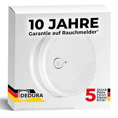Rauchmelder 5er Set - 10 Jahre Garantie mit 9V Batterie austauschbar - nach DIN EN14604 von BSI zertifizierter Feuermelder, Rauchwarnmelder und Brandmelder