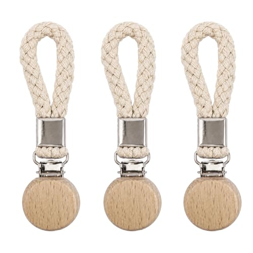 Lizricona 3PCS Tea Towel Holders, Beige Towel Clips with Cotton Hanging Loop and Metal Clips, Hanging Fittings for Kitchen Bathroom Storage and Indoor Cloth Arrangement