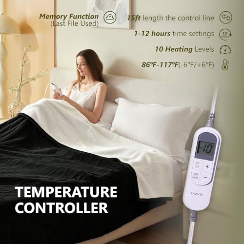 Heat Blanket 72”x84” Full Size,Soft Flannel & Sherpa Reversible Electric Blanket with 10 Heat Settings,12 Timer Setting and 8 Hours Auto-Shut Off,ETL Certified Machine Washable,Black