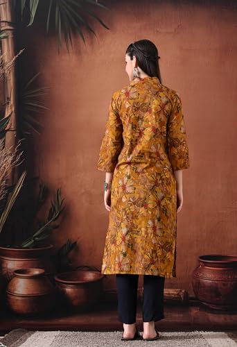 Image of Ichaa Women's Pure Cotton A-Line Ethnic V-Neck Kurta with 3 /4th Sleeve for Daily and Office Wear, in Plus Sizes