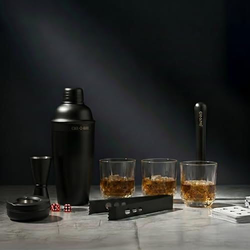 Image of Car-O-Bar Black Bar Set with Glasses Giftset | Bar Set for Home - Bartender Kit :Cocktail Shaker, Jigger, Muddler, Bottle Opener, Ice Tong, Set of 4 Whiskey Glasses and Ashtray