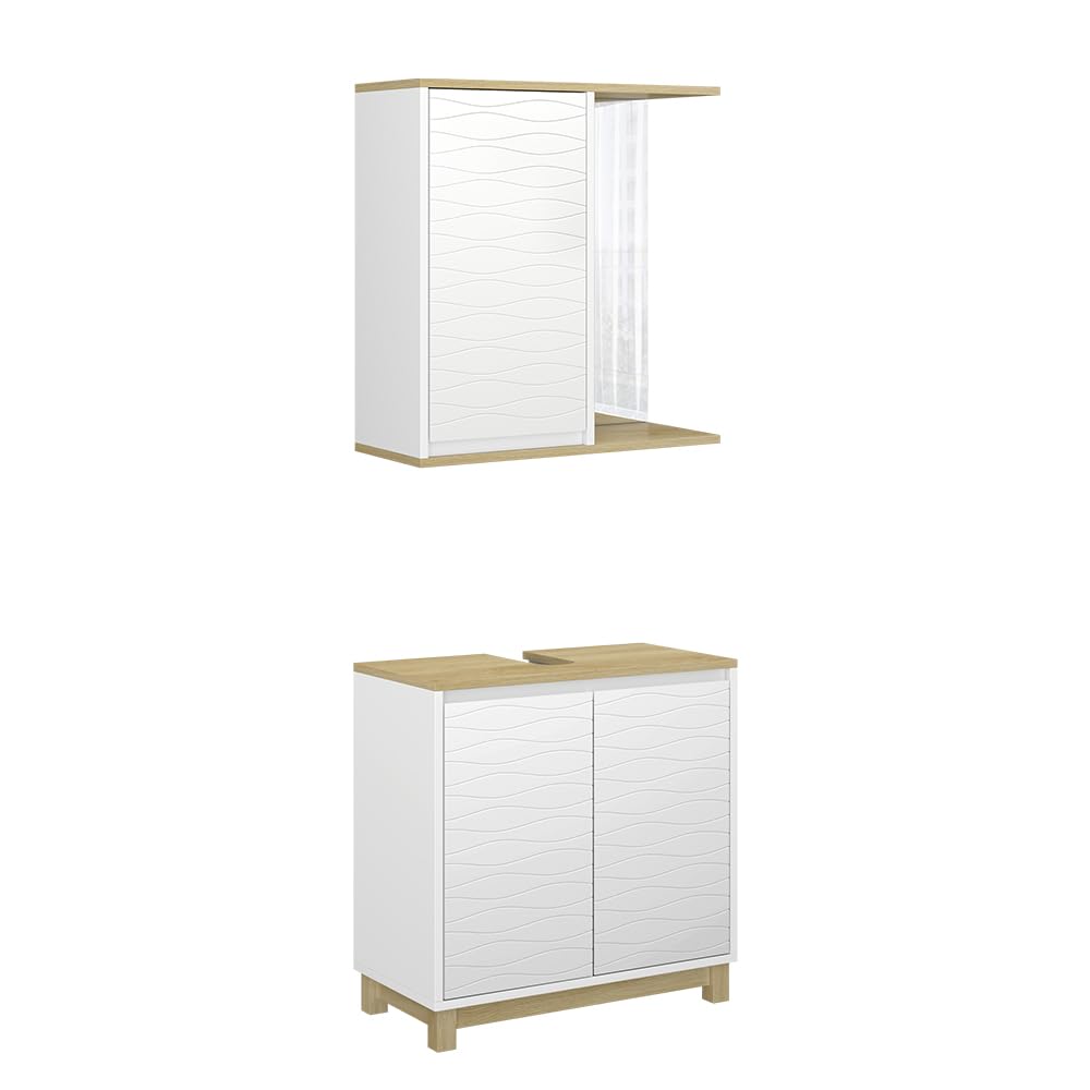 Vicco Set di mobili da bagno Livia, Bianco/quercia, 60 cm, composto da specchio da bagno e mobile sottolavabo