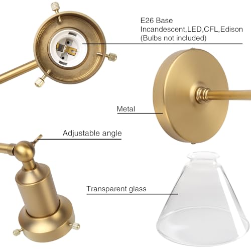 Image of PERMO Industrial Vintage Slope Pole Wall Mount Single Sconce with Funnel Flared Clear Glass Shade Wall Sconce Light Lamp Fixture Hardwired (Antique Gold)