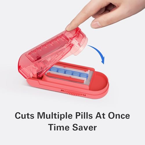 Image of ONE PIX Multiple Pill Cutter Splitter for Small and Tiny Pills, Accurate 1 /2 Tablet Splitter with Adjustable Bars & Hidden Blade, Safely Cuts Large Medication for Seniors & Pets, Red