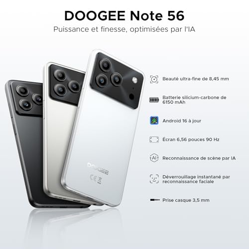 DOOGEE Note56 Android 16 Smartphone Pas Cher, 6150mAh Telephone Portable Écran 6.56" HD+/90Hz 24Go+64Go/TF 2To, 8MP+5MP, Débloqué 4G Dual SIM, Octa Core, Face ID/OTG – Image 3