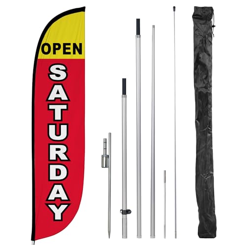 Image of LookOurWay Feather Flag Pole Kit - 12 Feet Tall Advertising Flag Banner with Fiberglass Pole Kit and Ground Spike for Business Promotion - Grand Opening Flags - Open Saturday (10M1200274)