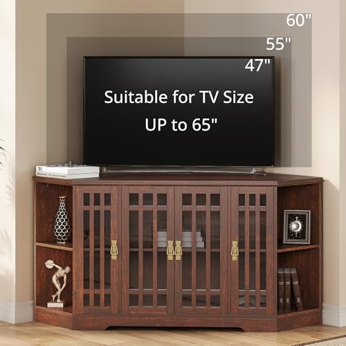 Image of IRONCK Corner TV Stand for TVs up to 60 Inch with Power Outlet, Corner Entertainment Center with Storage Cabinet and Glass Doors, Mid Century Modern TV Stand for Living Room, Bedroom, Red Walnut