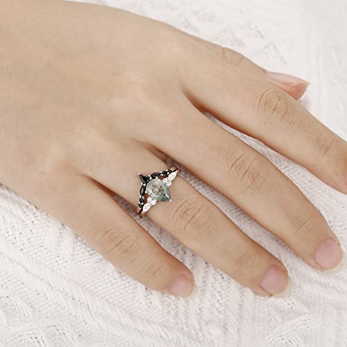 Irroya 1.50 Carat Pear Cut Natural Moss Agate Wedding Rings Sets - Genuine Moissanite Engagement Ring - Black Spinel Eternity V Shaped Wedding Band - Sterling Silver Matching Rings - Art Deco Ring Sets - Platinum Plated 925 Silver Statement Ring - Gifts For Women - Dainty Promise Ring (7) #TOP4