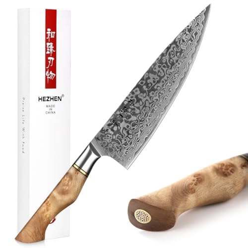HEZHEN Kochmesser-Professional-21cm Damaststahl, Küchenmesser VG10 Hochwertiges Kochwerkzeug der Gyuto Messer Master Serie zu Hause,Restaurant Bergahorn Griff aus Restaurant
