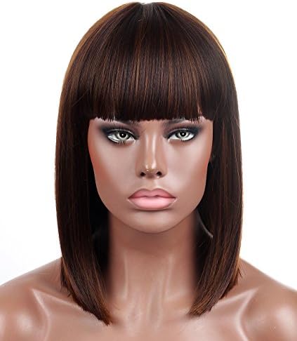 Kalyss Blunt Bob Short Hair Wigs for Women Heat Resistant Yaki Synthetic Hair Brown Highlights Women?s Wig With Hair Bangs (Brown)