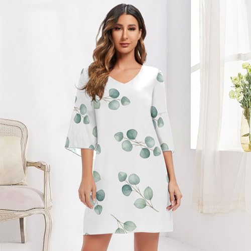 Robe 3/4 manches imprimée feuilles eucalyptus col V blanc