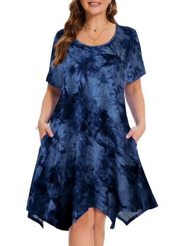 Image of ZENNILO Plus Size Tshirt Dress with Pockets Casual Summer Dresses Crew Neck Short Sleeve Swing Dress for Women