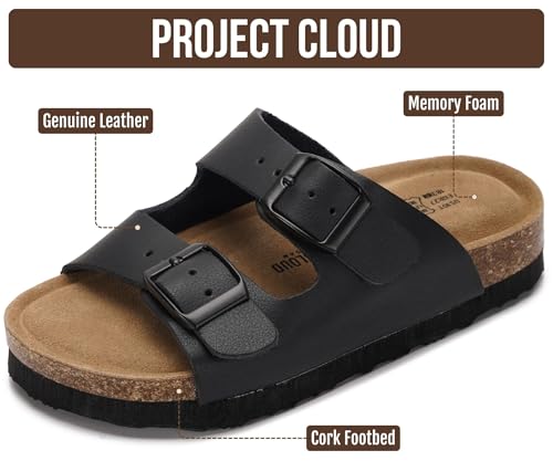 Image of Project Cloud Kids Sandals 100% Genuine Leather - Natural Cork Footbed Non-Slip Slides for Kids - Lightweight Boys & Girls Sandals - Water-Resistant Girls & Boys Sandals