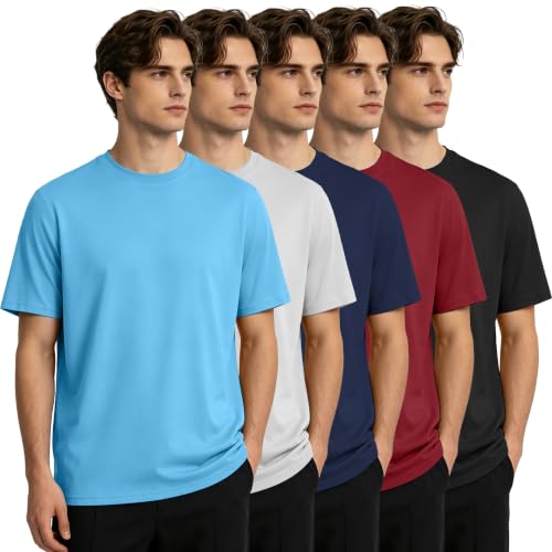 HOPLYNN 5 Pack Mens Dry Fit Workout Gym T Shirts Short Sleeve Active Running Athletic Tee Tops 1 Black 1 Blue 1 Gray 1 Navy Blue 1 Wine X-Large