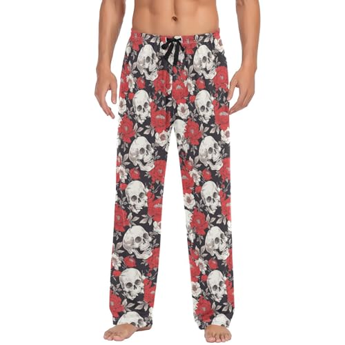 Vdsrup Men's Pajama Pants Skulls Rose Black Pajama Pants for Men PJs Bottoms Drawstring Pockets Sleep Lounge Pants S