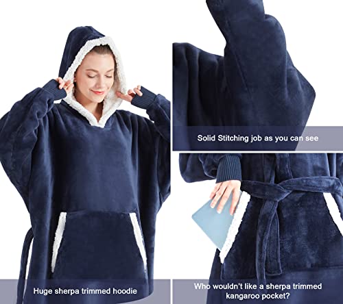 Touchat Wearable Blanket Hoodie Blanket, Flannel Sherpa Fleece Comfy Blanket Hoodie, Oversized Hoodie For Adults Women Men, Sweatshirt Blanket With Hood, Pocket & Sleeves, One Size Fits All（Naveblue） #TOP3